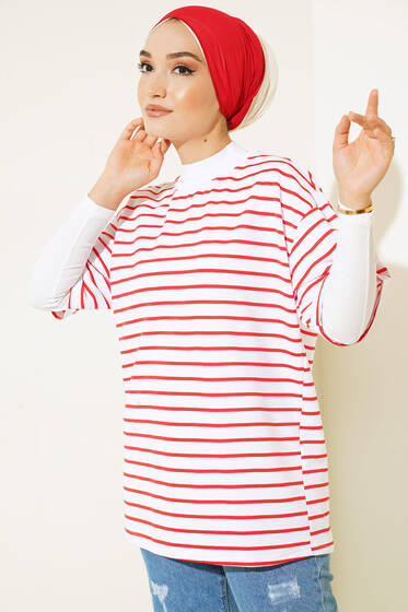 Kısa Kol Basic Çizgili Tshirt Kırmızı - Tesettür T-shirt