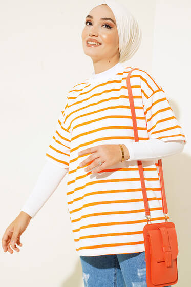 Kısa Kol Basic Çizgili Tshirt Oranj - Tesettür T-shirt