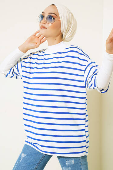 Kısa Kol Basic Çizgili Tshirt Saks - Tesettür T-shirt