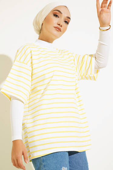 Kısa Kol Basic Çizgili Tshirt Sarı - Tesettür T-shirt