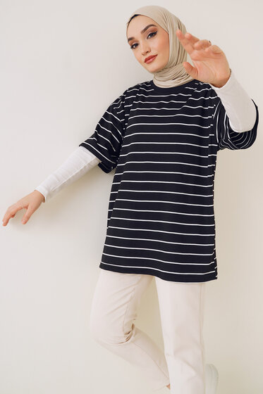 Kısa Kol Basic Çizgili Tshirt Siyah - Yılın Fırsatı