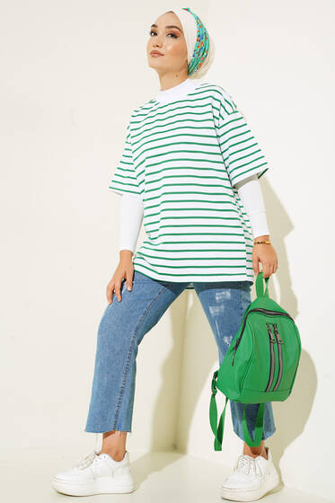 Kısa Kol Basic Çizgili Tshirt Yeşil - Tesettür T-shirt