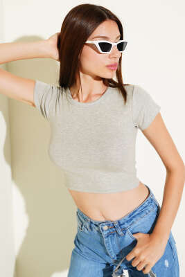 Kısa Kol Basic Crop Gri 