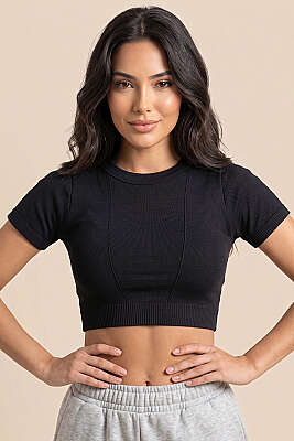 Kısa Kol Bel Lastikli Crop Siyah - FORMACTİVE