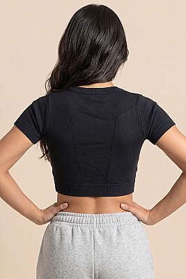 Kısa Kol Bel Lastikli Crop Siyah - Sporcu Sütyeni 