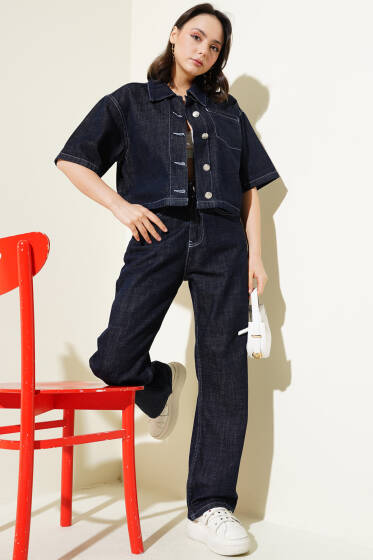 Kısa Kol Ceketli Kot İkili Takım Koyu Lacivert - İkili Takım