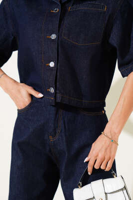 Kısa Kol Ceketli Kot İkili Takım Lacivert - Kadın Giyim Modelleri