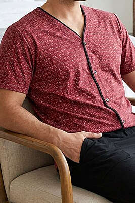 Kısa Kol Desenli Düğmeli Erkek Pijama Takımı Bordo - Pijama