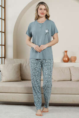 Kısa Kol Düğmeli Desenli Pijama Takım Çağla Yeşili - Kadın Pijama Takımı