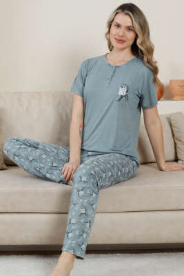 Kısa Kol Düğmeli Desenli Pijama Takım Çağla Yeşili 