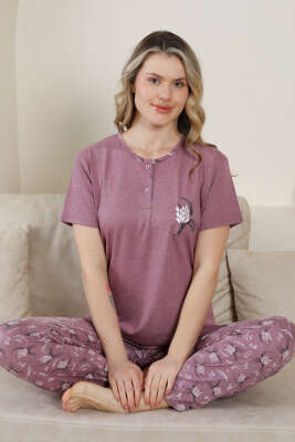 Kısa Kol Düğmeli Desenli Pijama Takım Gül Kurusu - Kadın Pijama Takımı
