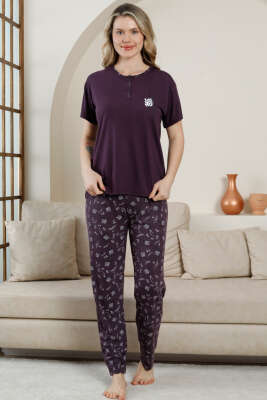 Kısa Kol Düğmeli Desenli Pijama Takım Mürdüm - Kadın Pijama Takımı