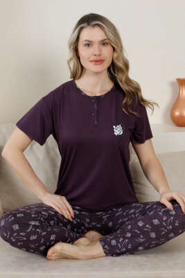 Kısa Kol Düğmeli Desenli Pijama Takım Mürdüm 