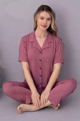 Kısa Kol Düğmeli Puantiyeli Pijama Takımı Gül Kurusu - Kadın Pijama Takımı