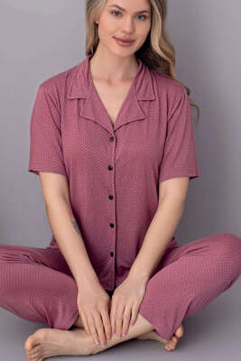 Kısa Kol Düğmeli Puantiyeli Pijama Takımı Gül Kurusu - Kadın Pijama Takımı