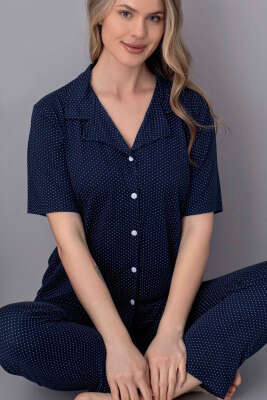 Kısa Kol Düğmeli Puantiyeli Pijama Takımı Lacivert - Kadın Pijama Takımı