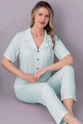 Kısa Kol Düğmeli Puantiyeli Pijama Takımı Mint - Pijama