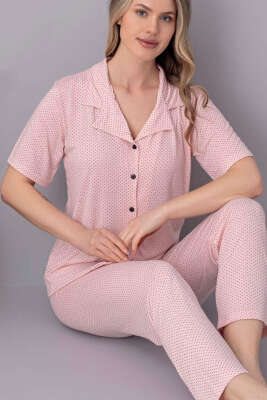 Kısa Kol Düğmeli Puantiyeli Pijama Takımı Yavru Ağzı - Kadın Pijama Takımı