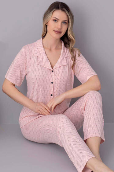 Kısa Kol Düğmeli Puantiyeli Pijama Takımı Yavru Ağzı - Pijama