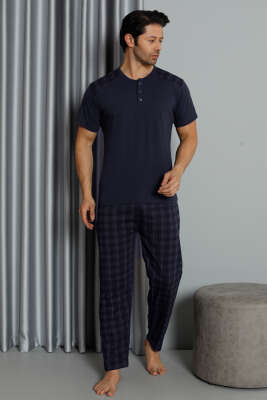 Kısa Kol Ekose Baskılı Erkek Pijama Takım Lacivert 