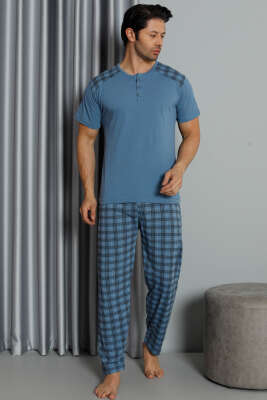 Kısa Kol Ekose Baskılı Erkek Pijama Takım Mavi - Kadın Pijama Takımı