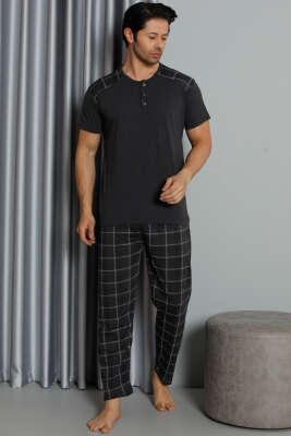 Kısa Kol Ekoseli Erkek Pijama Takım Antrasit - Kadın Pijama Takımı