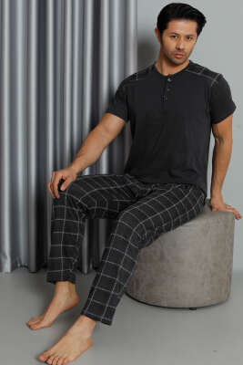 Kısa Kol Ekoseli Erkek Pijama Takım Antrasit 