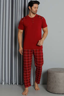 Kısa Kol Ekoseli Erkek Pijama Takım Bordo - Kadın Pijama Takımı