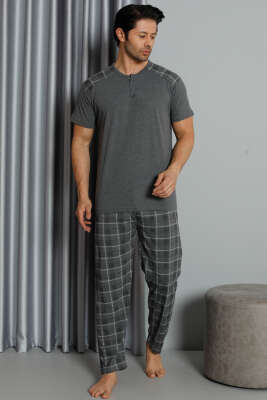 Kısa Kol Ekoseli Erkek Pijama Takım Füme 