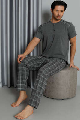 Kısa Kol Ekoseli Erkek Pijama Takım Füme - Kadın Pijama Takımı
