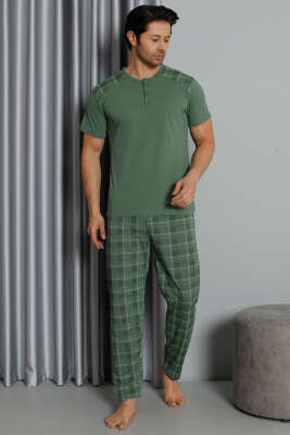 Kısa Kol Ekoseli Erkek Pijama Takım Haki - Kadın Pijama Takımı