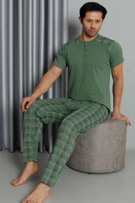 Kısa Kol Ekoseli Erkek Pijama Takım Haki 