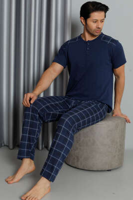 Kısa Kol Ekoseli Erkek Pijama Takım İndigo 