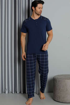 Kısa Kol Ekoseli Erkek Pijama Takım İndigo - Kadın Pijama Takımı
