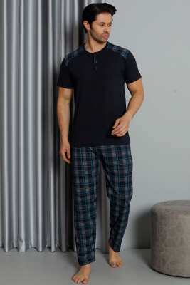 Kısa Kol Ekoseli Erkek Pijama Takım Lacivert - Kadın Pijama Takımı
