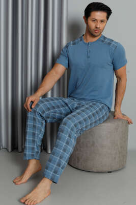 Kısa Kol Ekoseli Erkek Pijama Takım Mavi - Kadın Pijama Takımı
