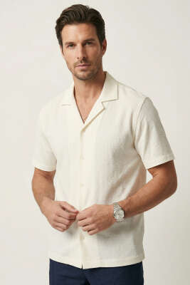 Kısa Kol Fitilli Erkek Gömlek Ekru 