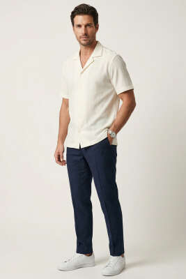 Kısa Kol Fitilli Erkek Gömlek Ekru - Erkek Gömlek