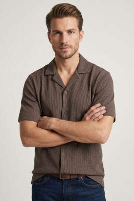 Kısa Kol Fitilli Erkek Gömlek Kahve - Erkek Gömlek