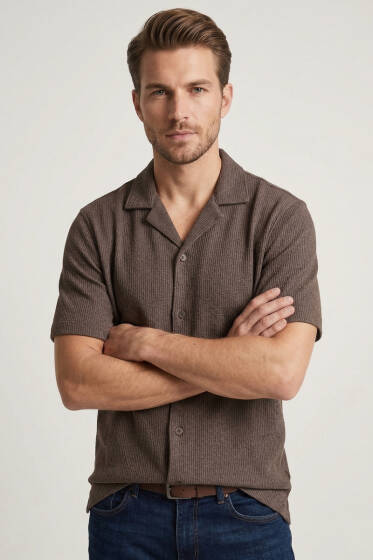Kısa Kol Fitilli Erkek Gömlek Kahve - Erkek Gömlek