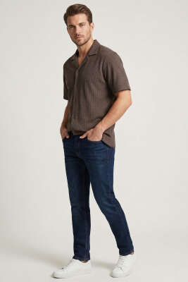 Kısa Kol Fitilli Erkek Gömlek Kahve - Erkek Gömlek