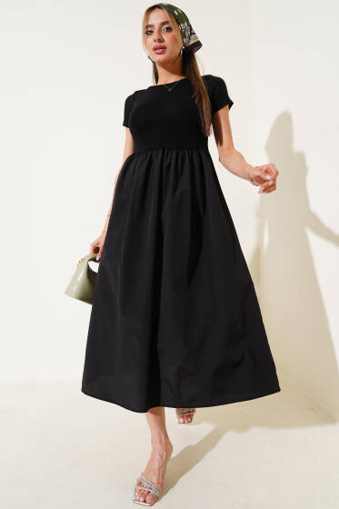 Kısa Kol Garnili Midi Elbise Siyah - Kadın Giyim Modelleri
