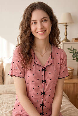 Kısa Kol Kalpli Şortlu Pijama Takımı Gül Kurusu - Pijama