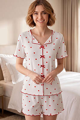 Kısa Kol Kalpli Şortlu Pijama Takımı Kırmızı - MANOLYA