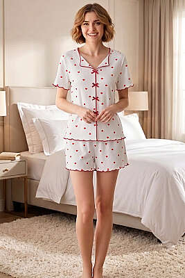 Kısa Kol Kalpli Şortlu Pijama Takımı Kırmızı - Pijama