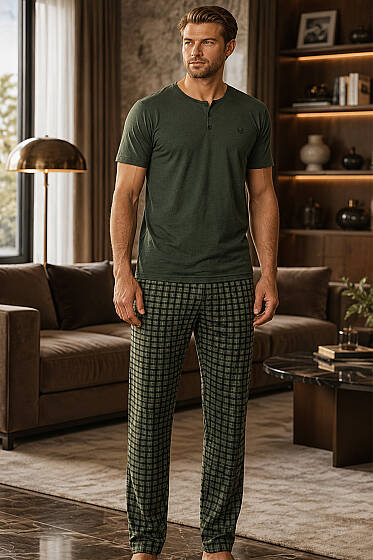 Kısa Kol Kare Çizgi Desen Erkek Pijama Takımı Haki - ERKEK PİJAMA