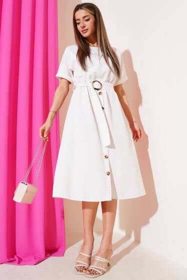 Kısa Kol Keten Elbise Bej - Kadın Giyim Modelleri