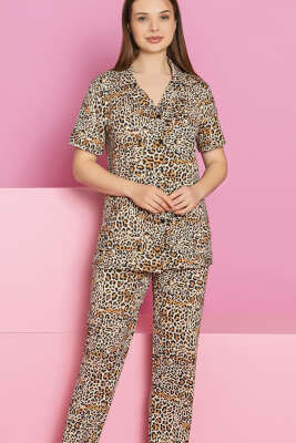 Kısa Kol Leopar Baskılı Düğmeli Pijama Takımı Leopar - Kadın Pijama Takımı