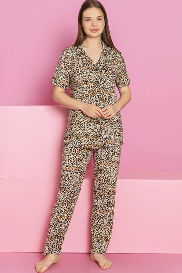 Kısa Kol Leopar Baskılı Düğmeli Pijama Takımı Leopar - Pijama & Gecelik