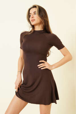 Kısa Kol Likralı Mini Elbise Kahve - TİLLE